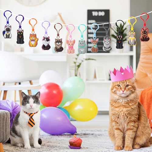 Cat Keychains Bulk 24 Pack - 12 Styles Kids Party Favors