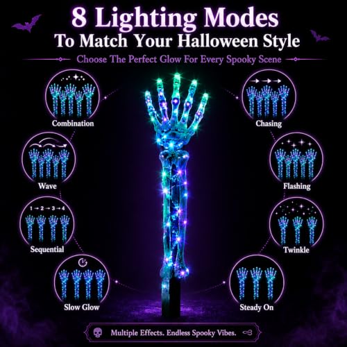 White Halloween Solar Skeleton Stakes with Glowing Skull Hands - Outdoor Pathway Decor