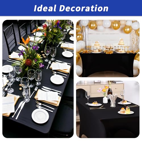 Black 6Ft Spandex Fitted Tablecloth Set - 12 Pack for Rectangle Tables - Washable & Wrinkle-Resistant