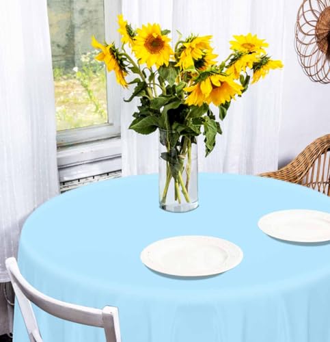 Light Blue Round Plastic Tablecloth 84 Inch Waterproof Disposable for Parties and Events