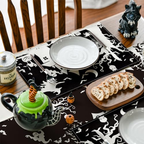 Halloween Haunted House Ghost Witch Placemats Set of 4 - 12x18 Inch Rectangular Black Seasonal Table Mats