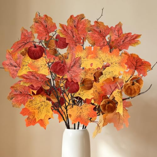 Fall Artificial Maple Leaves and Pumpkin Stem Set - 6 Pieces for Decor