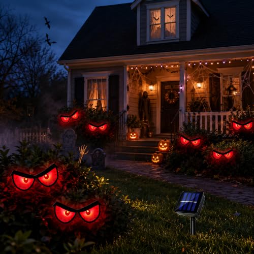 Solar Halloween Glowing Eyes Lights for Bushes & Trees - Red, 5 Pairs, Flash & Steady Modes