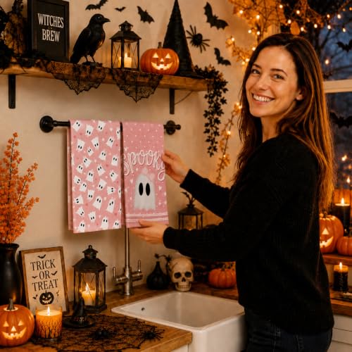 Halloween Pink Ghost Kitchen Towels Set of 2 - Absorbent Dish & Hand Towels