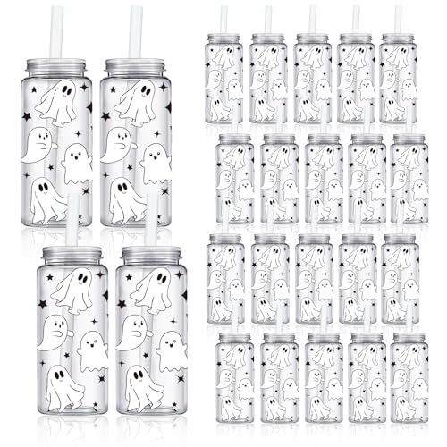 Halloween Ghost Plastic Cups with Lids & Straws - Reusable Party Tumblers, 20 Pack