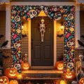Dia De Los Muertos Porch Banner with Light - Sugar Skull & Floral Design, Ghost Lamp Variation