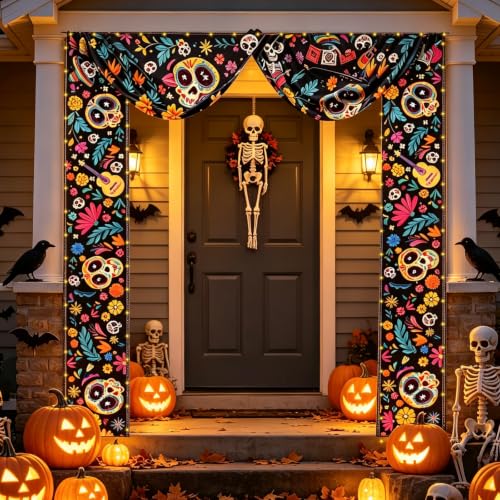 Dia De Los Muertos Porch Banner with Light - Sugar Skull & Floral Design, Ghost Lamp Variation