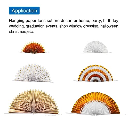 Hanging Paper Fans Party Decor Set 6Pcs Gold White Round Pattern for Events & Celebrations
