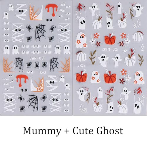 Halloween Nail Art Stickers 4 Sheets Ghost & Cat Embossed 5D Decals - White Black 10