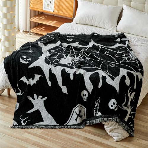 Halloween Sofa Cover with Tassels for 2-3 Cushion Couch - Reversible Chenille Pet & Home Decor - Black / Large (71x102)