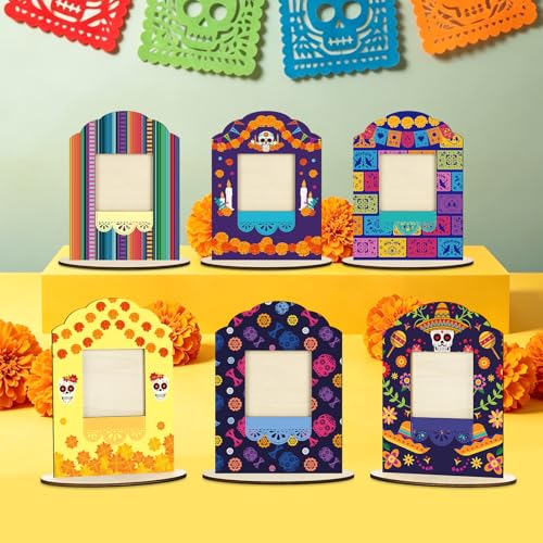 12-Pack Day of the Dead Wooden Photo Frames for Dia De Los Muertos Decorations - Mexican Fiesta Altar Sign Set