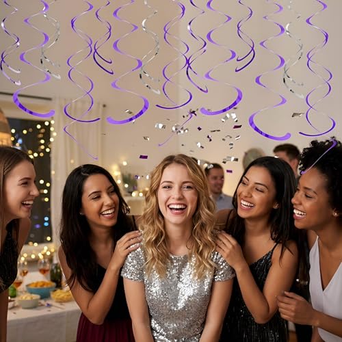 Pink Metallic Hanging Swirl Decorations Set - 30 Party Streamers with Light Purple Variation