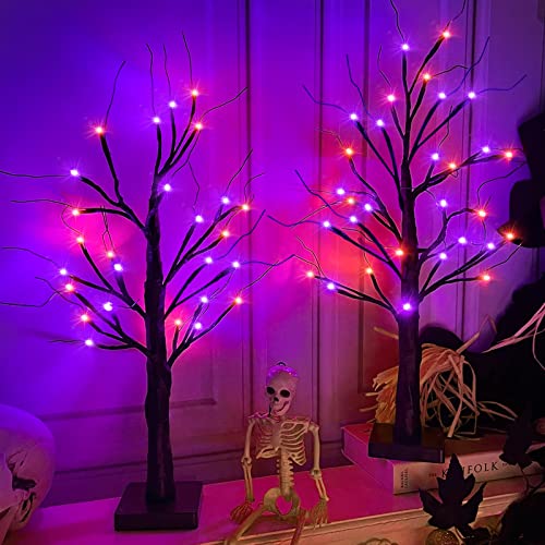 2 Pack 24-Inch Orange & Purple Light Halloween Trees - DIY Bendable Branches
