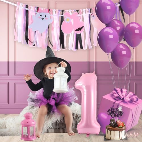 Halloween Spooky One Birthday Banner for First Baby Party - Pink, Purple, Black, Variation: Halloween Spooky One