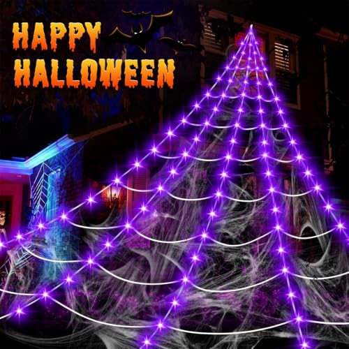 Purple Lighted Spider Web Kit with 200 LEDs, 16.4Ft Outdoor Halloween Decoration - Without Spider