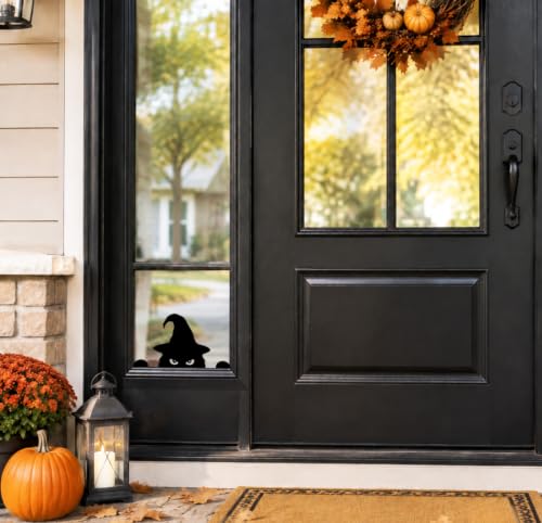 Peeking Black Cat Halloween Window Decoration - Witch Hat & Sign, Small Spooky Home Decor