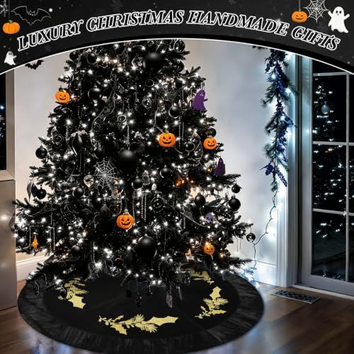 Black Velvet Christmas Tree Skirt 48 Inch with Gold Embroidered Holly - Luxury Holiday Decor