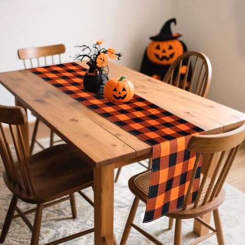 Halloween Checkered Table Runner - Black and Orange Burlap 13x72 Inches for Parties