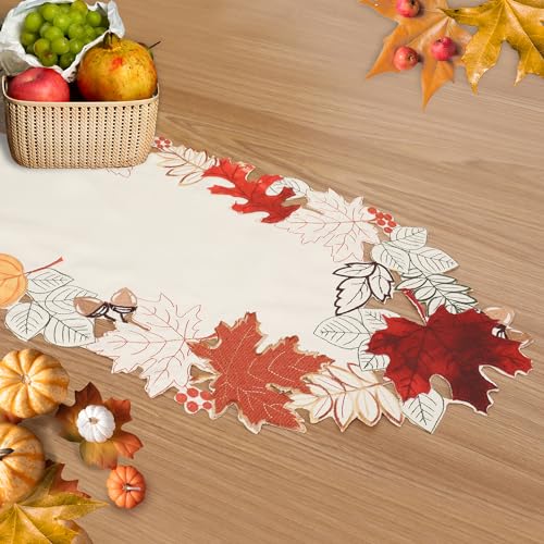 Fall Halloween Linen Textured Table Runner 70 Inch with Embroidered Maple Leaves