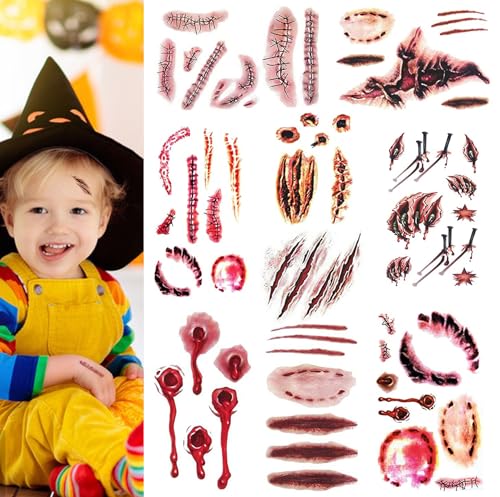 9 Sheets Fake Bloody Wound & Scar Temporary Tattoos Halloween Makeup Props