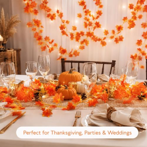Autumn Maple Leaf Garland - 12PCS Fall Artificial Vines in Red-Orange - Indoor Outdoor Decor