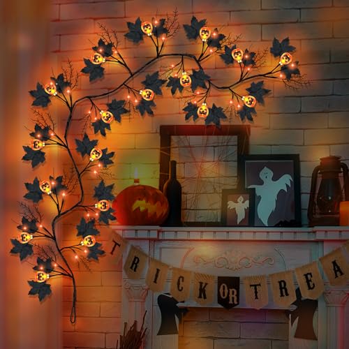 9FT Halloween Willow Vine Garland with Pumpkin & Orange Lights - Black, 8 Modes, Waterproof, Indoor Decor - Orange