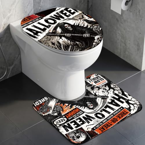 Gothic Skull Halloween Shower Curtain Set with Toilet Seat Cover Bath Rug & Hooks - Vintage Style