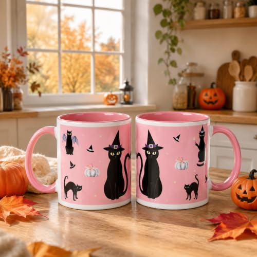 Halloween Black Cat Coffee Mug Set - 12 oz Ceramic Cups with Cat Design, Variation: Cat / Black
