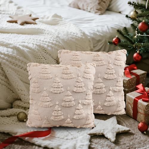 Christmas Tree Pattern Faux Fur Pillow Covers Set of 2 - 18x18 Inches Beige