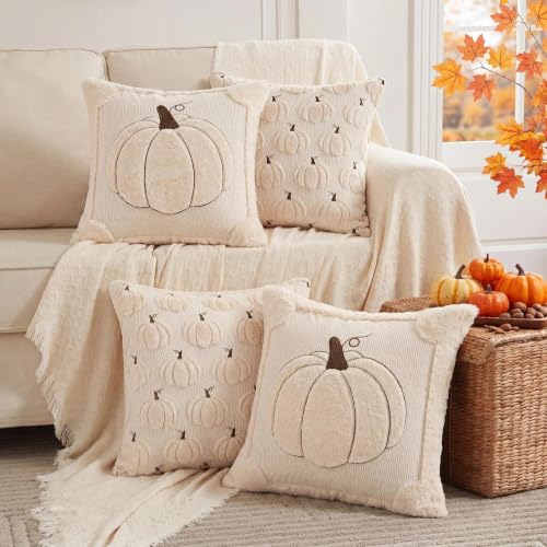 Fall Beige Pumpkin Pillow Covers 20x20 Set of 2 - Double-Sided Autumn Decor
