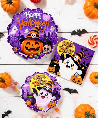 Halloween Heavy-Duty Paper Plates and Napkins Set - Dark Purple, Curved 9inch & 7inch - Spooky Gothic Party Supplies - 150 Pieces
