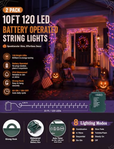 Halloween String Lights 2 Pack Orange & Purple Battery Fairy Lights - 9.8ft, 8 Modes, IP65 Waterproof, Battery Operated