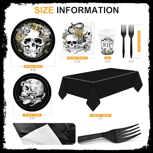 Gothic Halloween Party Tableware Set for 24 Guests - Disposable Plates Cups Napkins & Tablecloth