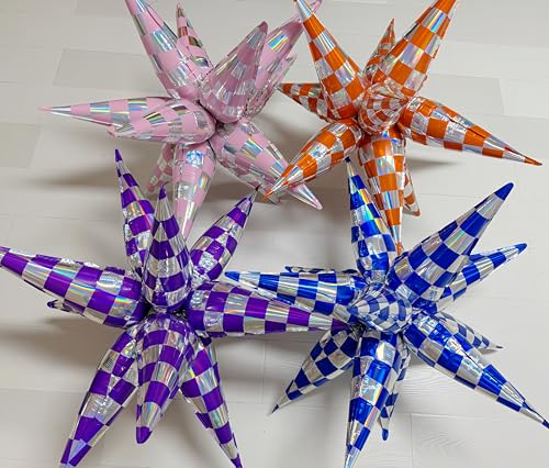 Purple Silver Checkered Star Foil Balloons Party Decorations - 24 Pack