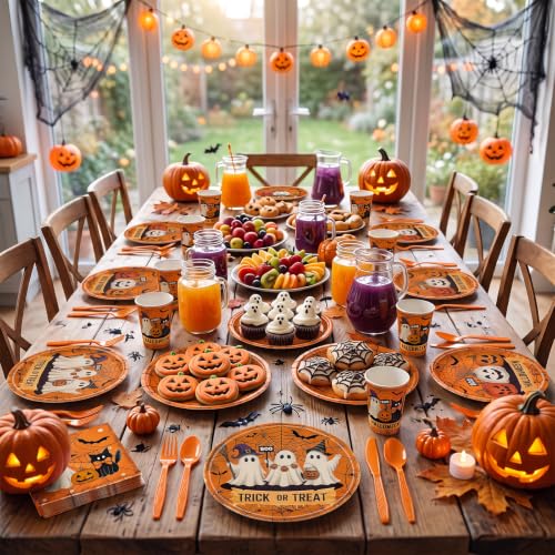 Halloween Disposable Party Plate and Napkin Set - Ghost Pumpkin Design, Serves 24