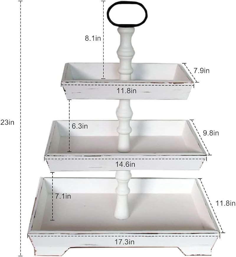 3-Tier Rectangle Serving Stand with Rustic Farmhouse Style and Metal Handle