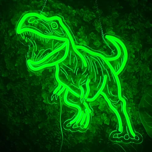 Green Dinosaur Neon Sign Wall Decor - USB Dimmable Night Light for Boys Bedroom, Party & Holiday Gift