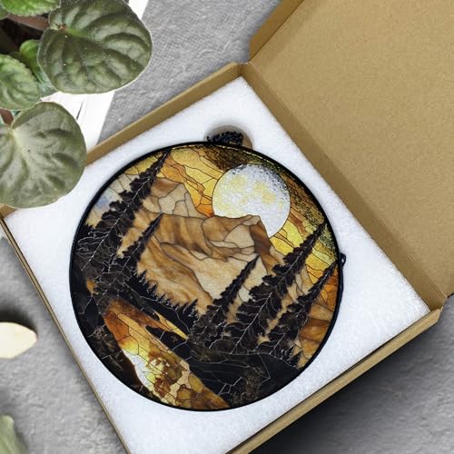 Mountain Sunset Suncatcher - Rustic Stained Glass Window Art - Variation Color13