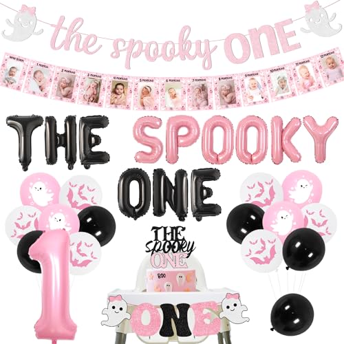 Halloween 1st Birthday Party Decorations Pink Foil Balloons Banner Cake Toppers
