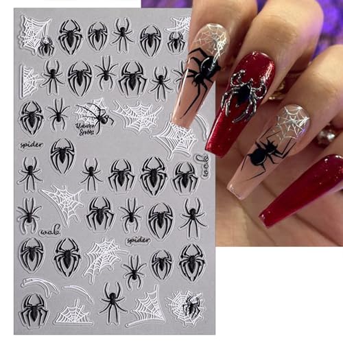 Halloween Nail Stickers - White Black Spider Web Self-Adhesive Decals for Nail Art, 4 Sheets, Scary Design, Spider Variation