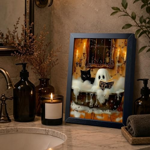 Halloween Ghost and Black Cat Wall Art - Framed 10x8 Inch Halloween Canvas Decor