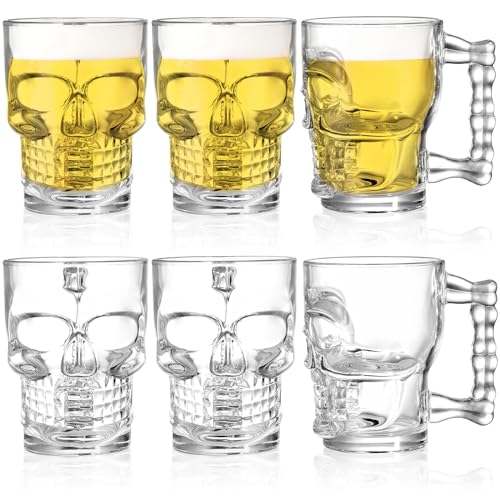 6-Pack 17oz Skull Glass Beer Mugs with Handle - Heavy Base & Clear Drinkware