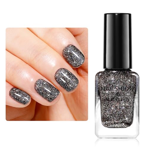 Black Glitter Nail Polish - Rainbow Sparkly Quick Dry with Variation Z016-Glitter Black Sparkle