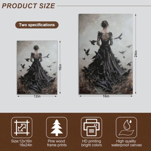 Dark Gothic Woman Canvas Wall Art with Crow Birds - Vintage Moody Poster for Living Room Bedroom Bar 16x24 Style-A