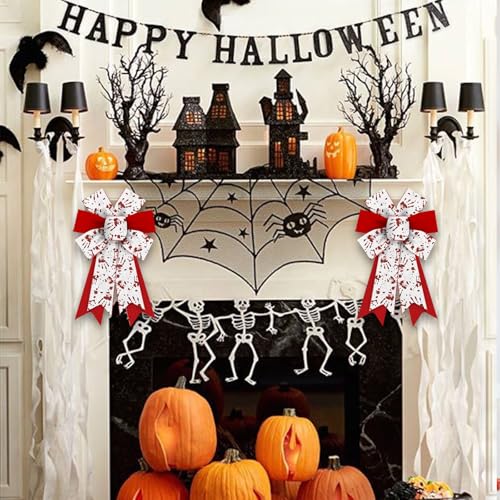 Halloween Wreath Bows - Red & White Burlap with Bloody Handprint, 2 Pieces, Style 3