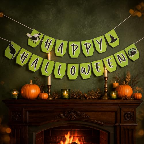 Halloween Banner Green Witch Black Cat Hanging Bunting Flag Party Decorations