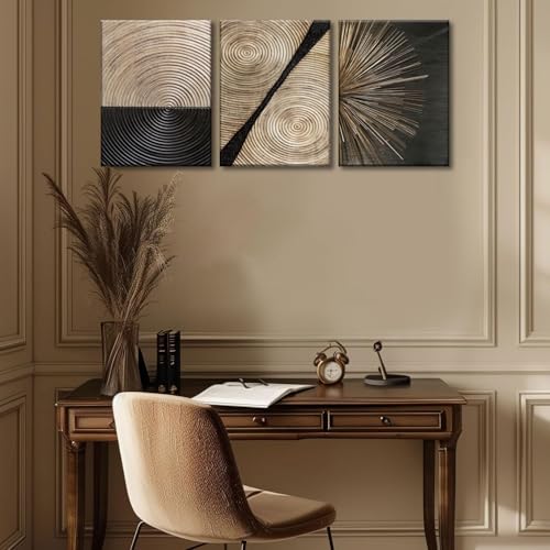 3Pcs Abstract Canvas Wall Art Set - Wood Grain, Black and Gold Lines, 12x16in - Modern Home Decor