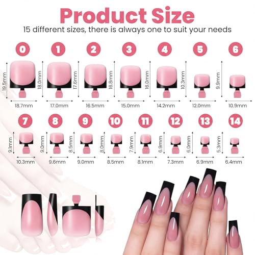 Black French Tip Press On Toe Nails - Medium Square Fake Toenails, 60 Pcs