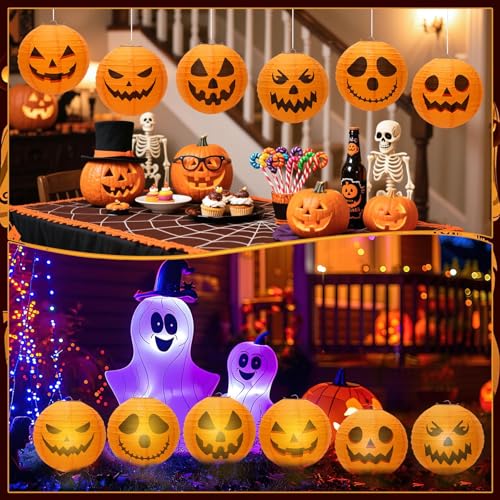 Yellow Halloween Pumpkin Paper Lanterns Set - 12 Pieces, Indoor & Outdoor Decorations
