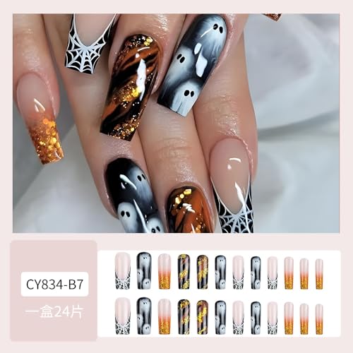 Halloween Press On Nails Long Square - Gold Ombre Fake Nails with Ghost Spider Web Design - Variation B3